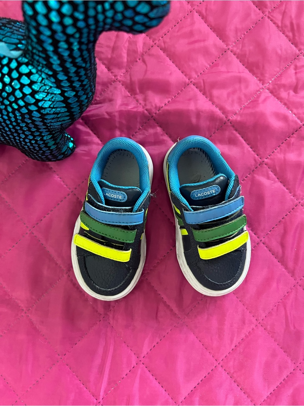 Lacoste Kids Navy, Blue, Green & Neon Yellow Velcro Sneakers